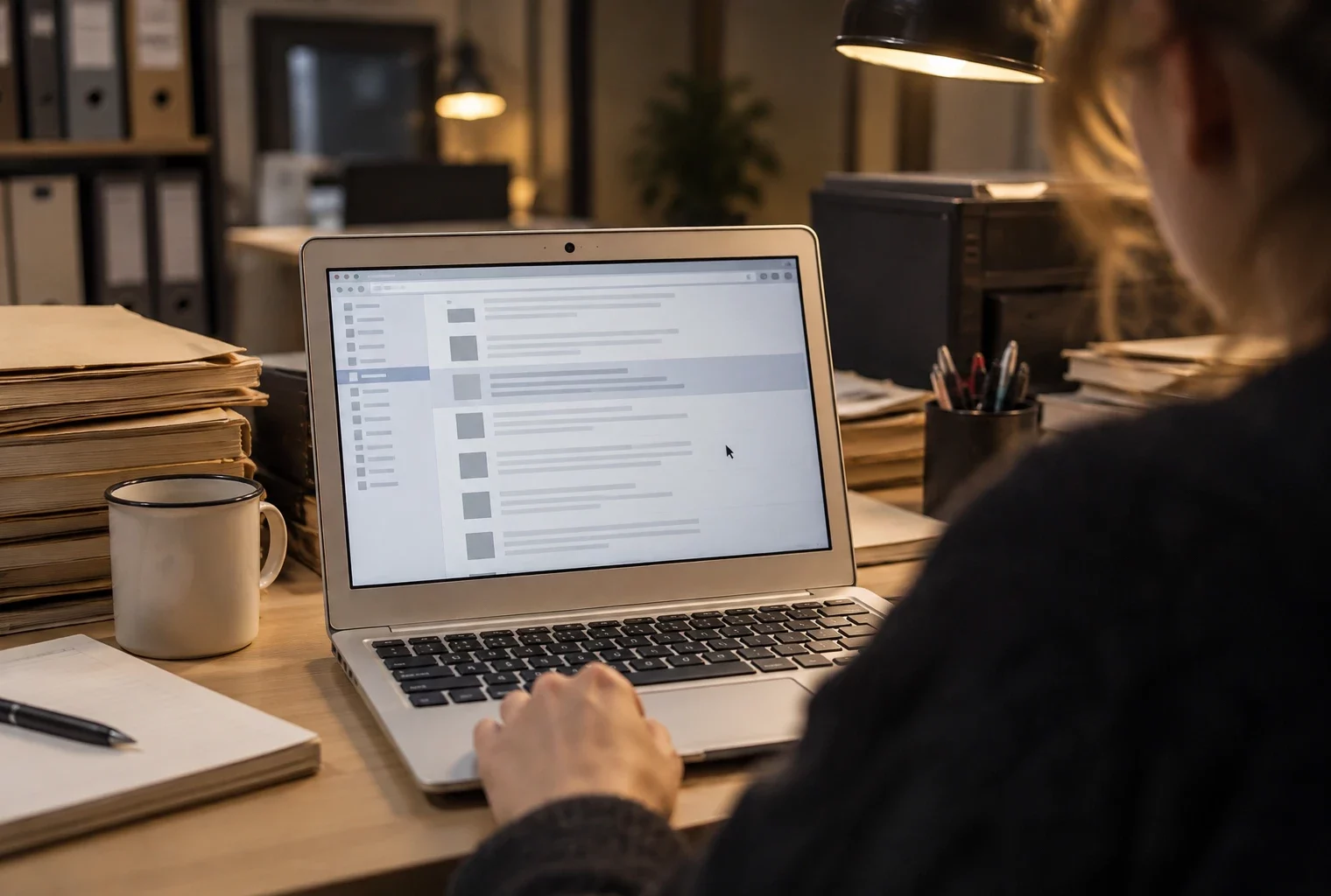 Un ordinateur affiche des archives de messages anonymisées sur un bureau, avec des dossiers papier et du matériel informatique en arrière-plan.