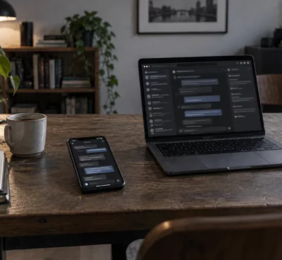 Un téléphone et un ordinateur affichent des archives de messages abstraites sur une table de travail sobre.