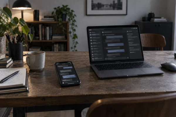 Un téléphone et un ordinateur affichent des archives de messages abstraites sur une table de travail sobre.