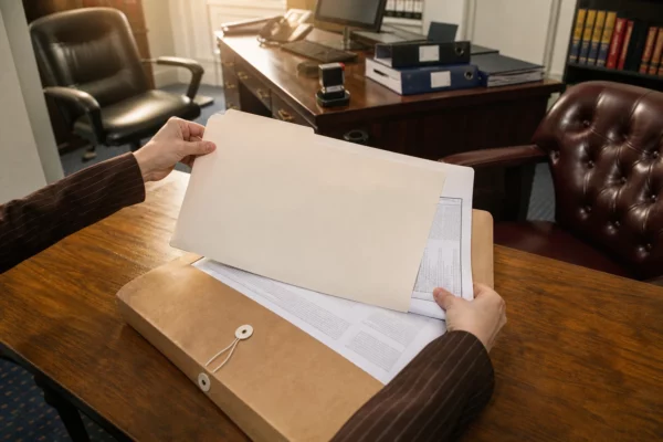 Dossier d’archives Messenger ouvert sur un bureau de commissaire de justice, avec pages imprimées et pochette de conservation.
