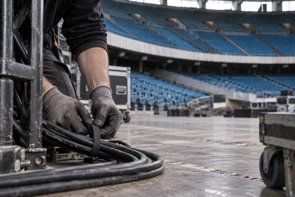 Les mains d’un technicien ajustent un câble au bord du sol dégagé, devant les gradins bleus d’une salle événementielle vide.