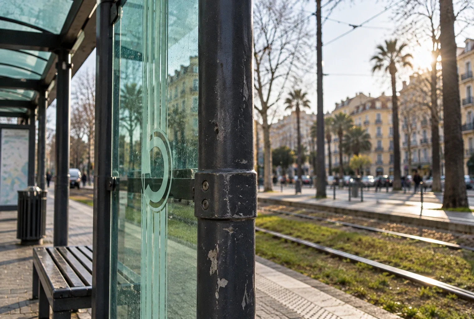 Détail d’un abri de tramway usé, avec montants métalliques, vitrage, panneau sans texte et rails flous en arrière-plan.