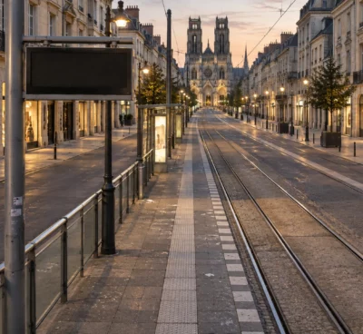 Voies encastrées et quai vide d’un arrêt de tramway, avec façades du centre historique en arrière-plan.