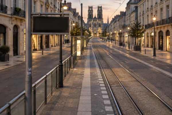 Voies encastrées et quai vide d’un arrêt de tramway, avec façades du centre historique en arrière-plan.