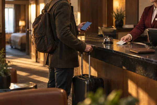 Dans une réception d’hôtel, un voyageur arrive avec sa valise et consulte son téléphone près du comptoir et d’une cloche d’accueil.