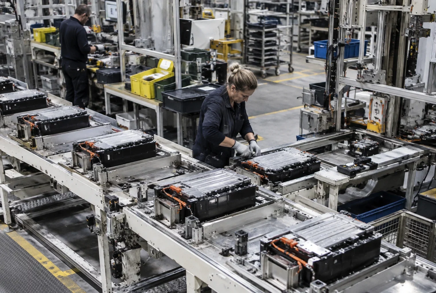 Des modules de batteries automobiles avancent sur un convoyeur entre les postes d’assemblage d’un atelier industriel.