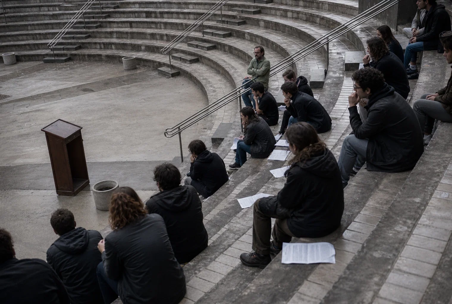 Assemblée étudiante dans un amphithéâtre vide et usé, avec quelques participants dispersés, lumière grise et sols humides.