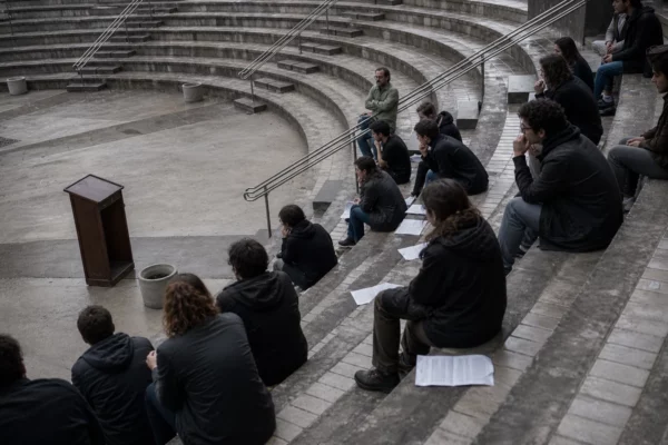 Assemblée étudiante dans un amphithéâtre vide et usé, avec quelques participants dispersés, lumière grise et sols humides.