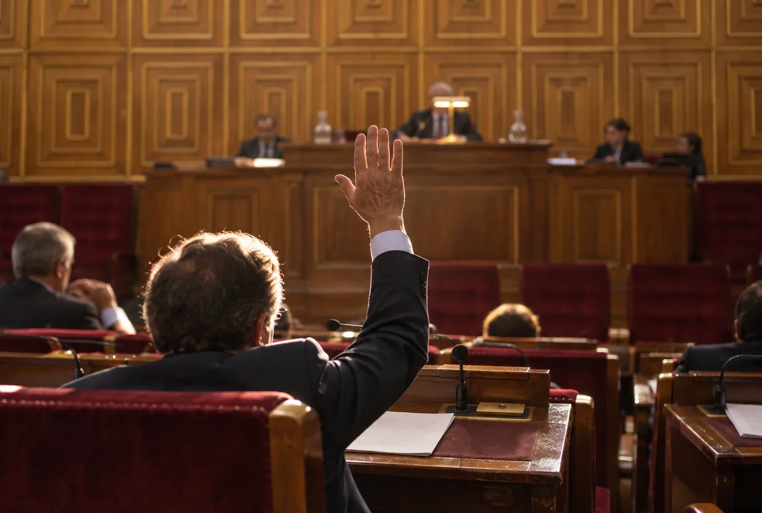 Une main anonyme vote au-dessus d’un pupitre à micro, dans une salle aux sièges bordeaux et boiseries sobres.