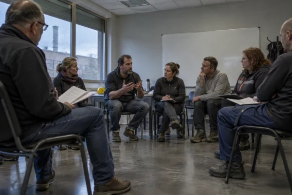 Des salariés sont réunis en cercle dans une salle de travail sobre, avec des feuilles de notes et un tableau blanc en arrière-plan.