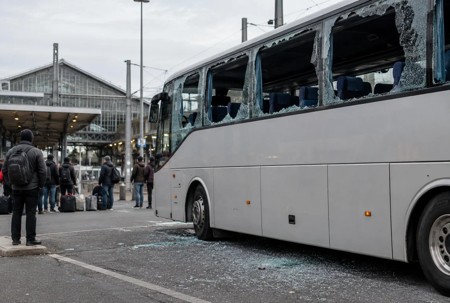 Autocar stationné devant une gare, avec plusieurs vitres latérales brisées et des éclats de verre visibles près du véhicule.