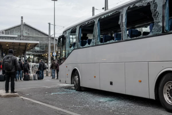 Autocar stationné devant une gare, avec plusieurs vitres latérales brisées et des éclats de verre visibles près du véhicule.