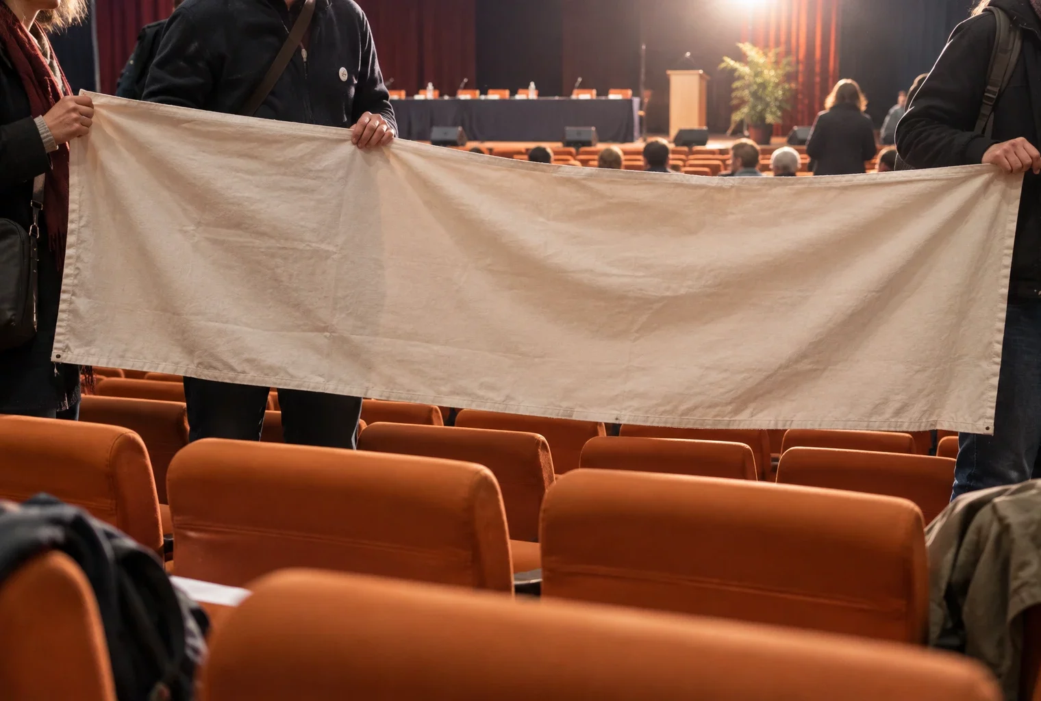Des mains de militants tiennent une banderole vierge devant des rangées de fauteuils et une estrade de congrès politique.