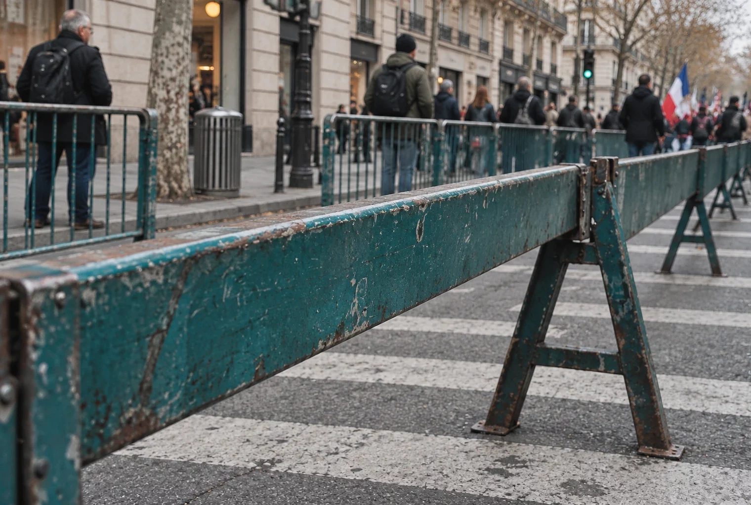 Des barrières métalliques usées canalisent un passage étroit sur une rue française, devant des façades et du mobilier urbain ordinaires.