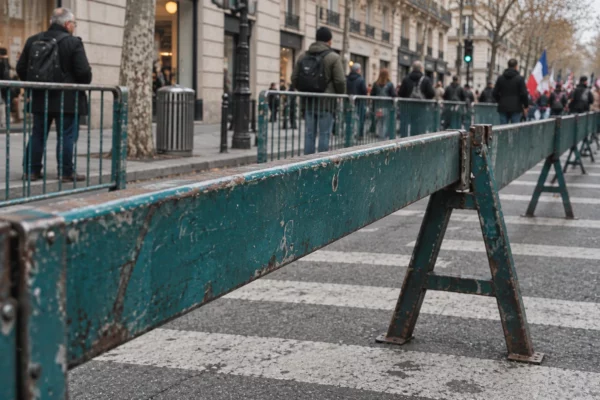 Des barrières métalliques usées canalisent un passage étroit sur une rue française, devant des façades et du mobilier urbain ordinaires.