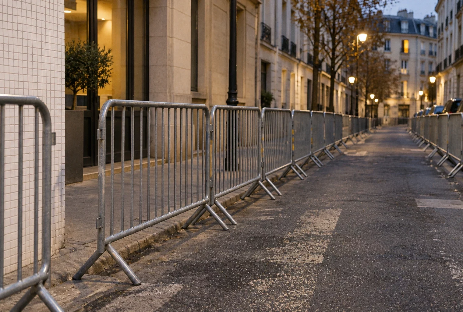 Des barrières métalliques mobiles longent une rue de centre-ville, laissant un passage libre entre les façades et le trottoir.