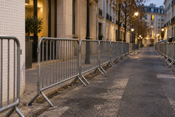 Des barrières métalliques mobiles longent une rue de centre-ville, laissant un passage libre entre les façades et le trottoir.