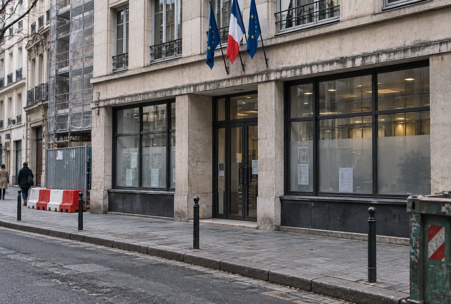 Façade d’un bâtiment public ordinaire avec fenêtres protégées, sur une rue urbaine française au pavé usé.