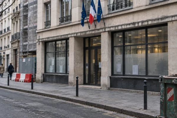 Façade d’un bâtiment public ordinaire avec fenêtres protégées, sur une rue urbaine française au pavé usé.