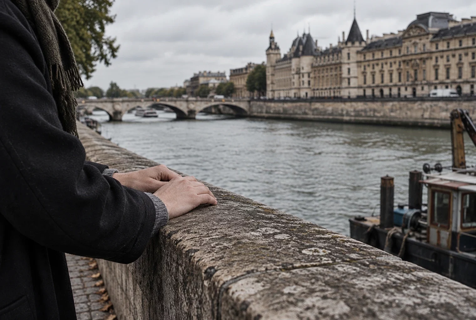 Des mains reposent sur un parapet de pierre au bord de la Seine, face à l’eau et aux façades parisiennes de la rive opposée.