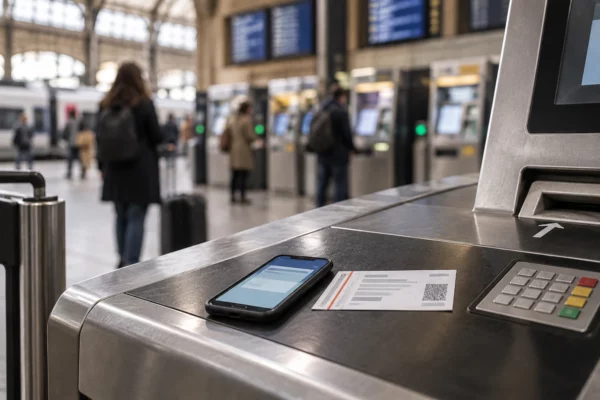 Un téléphone affichant une réservation abstraite et un billet vierge reposent sur un distributeur dans une gare.