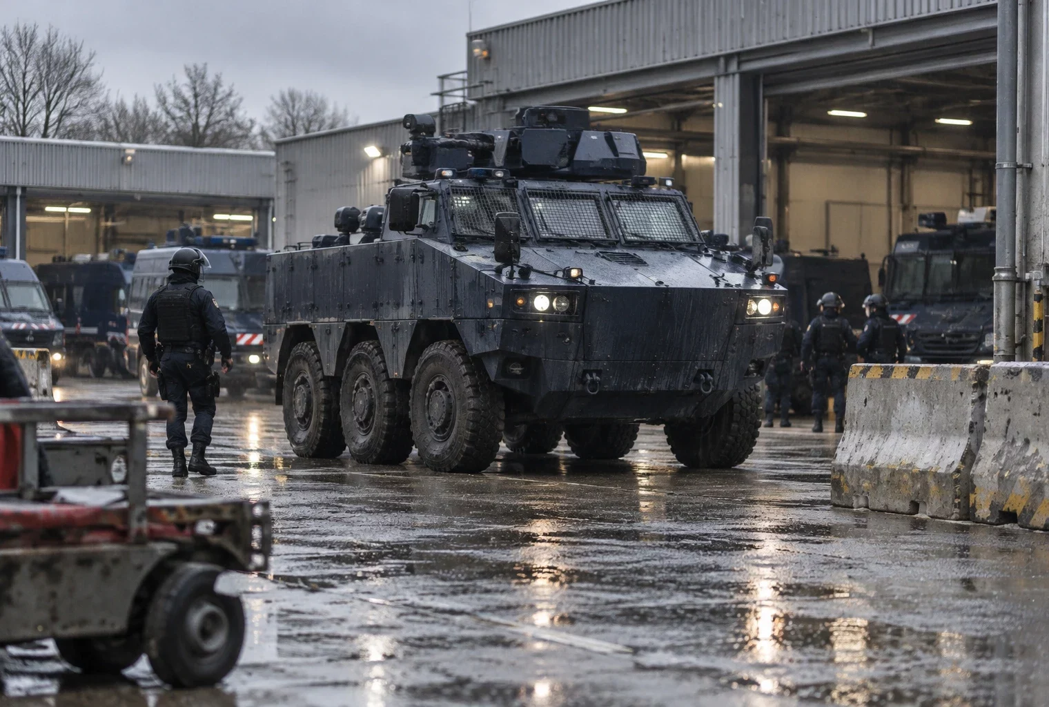 Un blindé de maintien de l’ordre stationne dans un dépôt de gendarmerie, entouré d’autres véhicules d’intervention sur un sol humide.