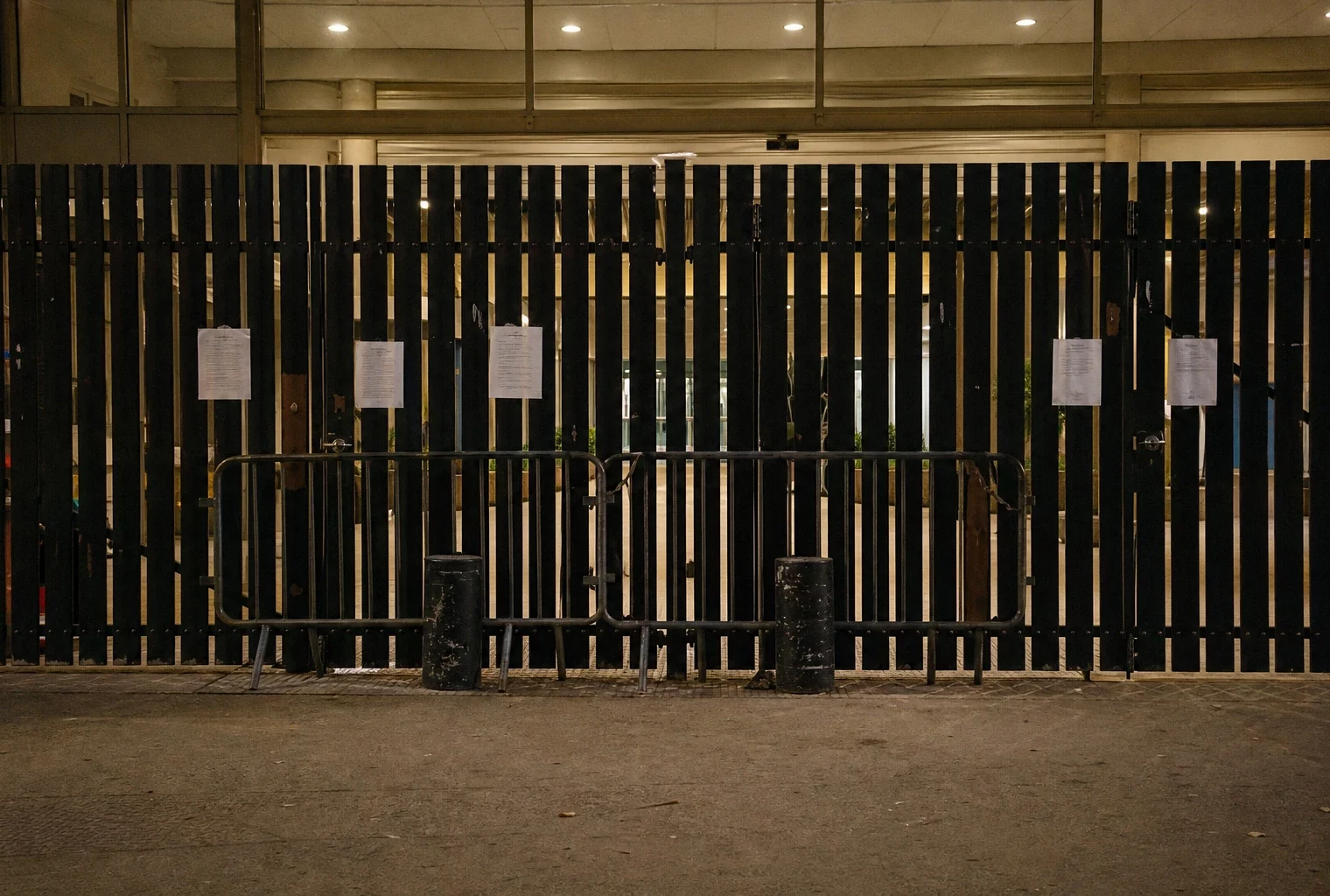 Grilles fermées d’un lycée français en fin de journée, avec barrières de blocage et façade scolaire en arrière-plan.