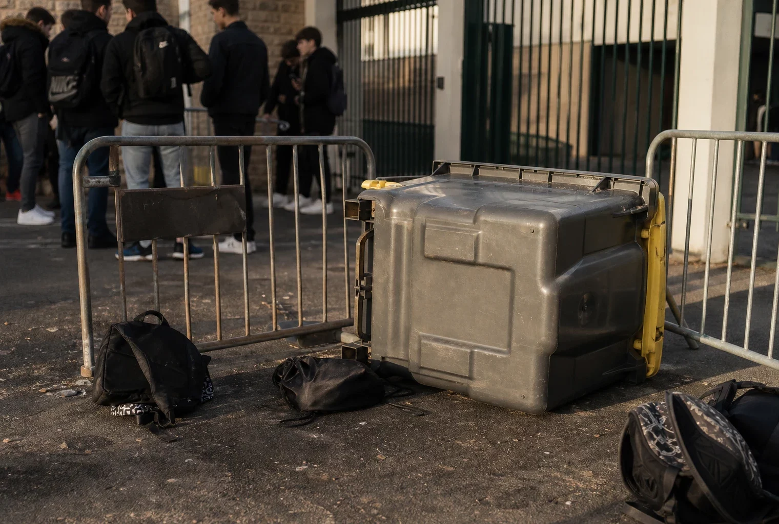 Devant un lycée, des barrières et des poubelles bloquent l’entrée lors d’une mobilisation lycéenne.