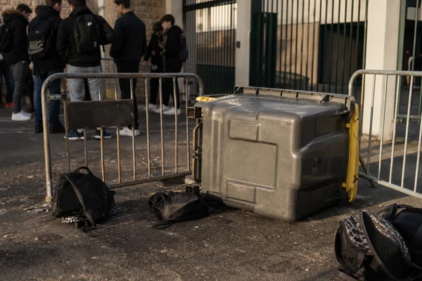 Devant un lycée, des barrières et des poubelles bloquent l’entrée lors d’une mobilisation lycéenne.