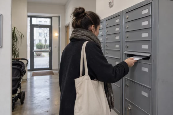Une main dépose un courrier sans adresse lisible dans une boîte aux lettres métallique d’un hall d’immeuble.