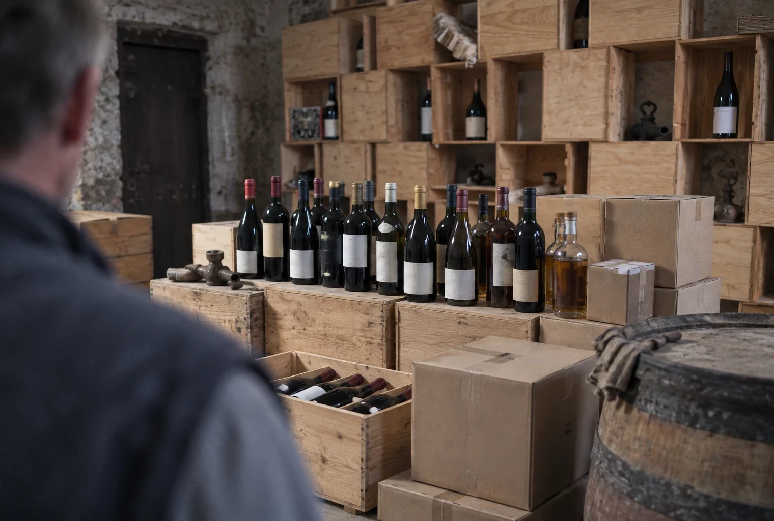 Dans une cave viticole française, des bouteilles et cartons d’expédition reposent parmi des casiers en bois usés, vus derrière un employé.
