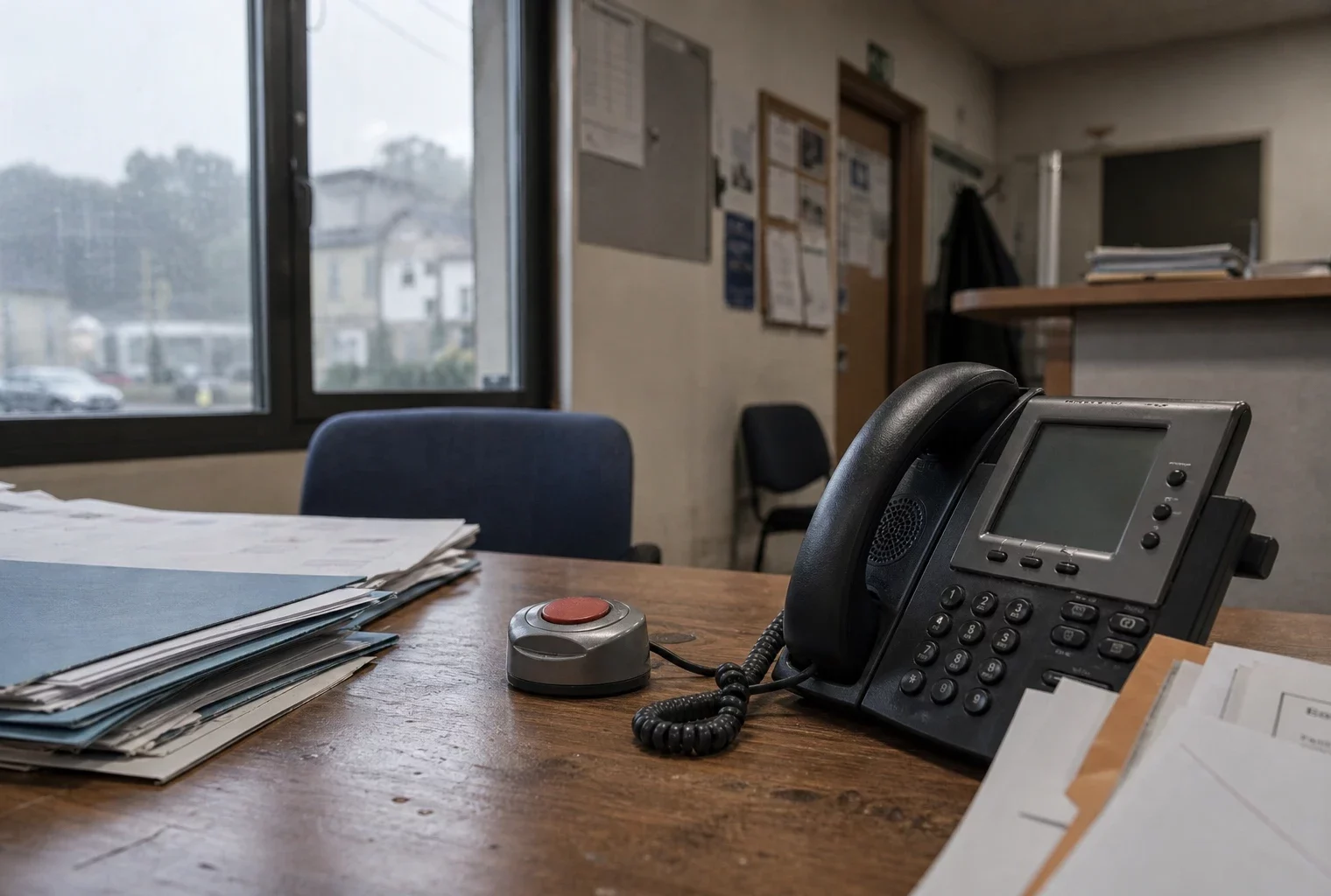 Bouton d’alerte sur un bureau de permanence parlementaire en Savoie, avec combiné téléphonique, dossiers et fond neutre.