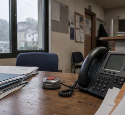 Bouton d’alerte sur un bureau de permanence parlementaire en Savoie, avec combiné téléphonique, dossiers et fond neutre.