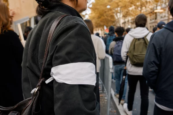 Un parent avec brassard blanc au bras, au milieu d’un cortège lycéen en rue devant un lycée français.