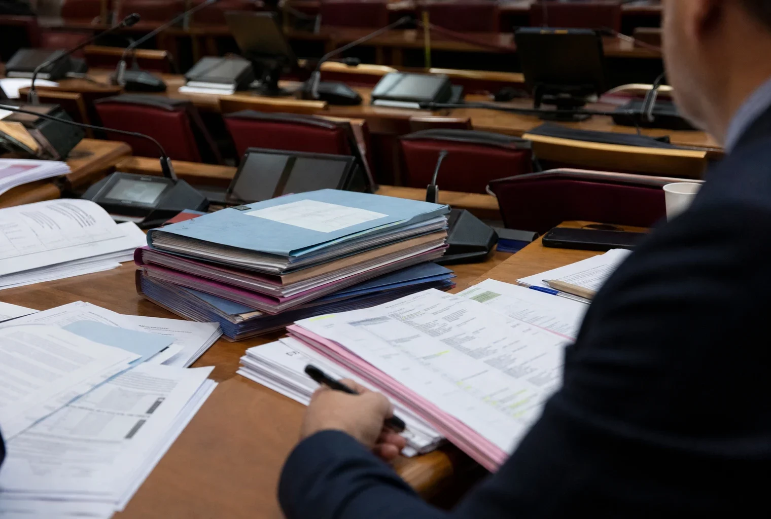 Dossiers budgétaires sur une table dans une salle de commission de l’Assemblée nationale, avant l’examen du budget 2027.