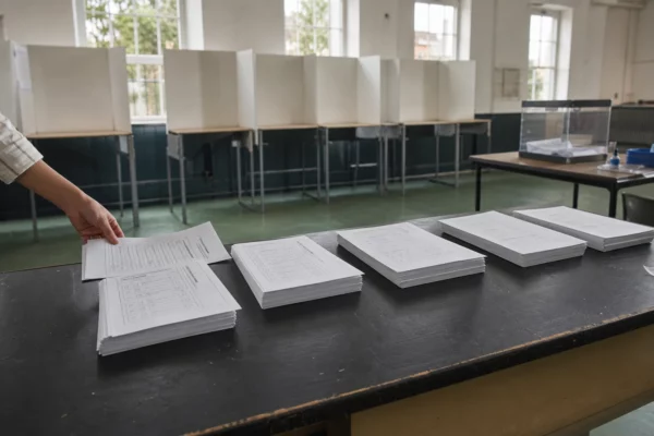 Piles de bulletins vierges sur un comptoir de bureau de vote, avec isoloirs flous au fond.
