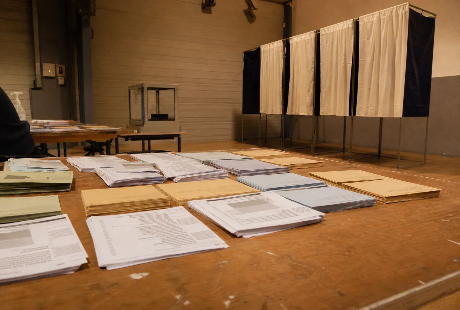 Des bulletins de vote sont disposés sur les tables d’un bureau de vote, avec les isoloirs au fond.