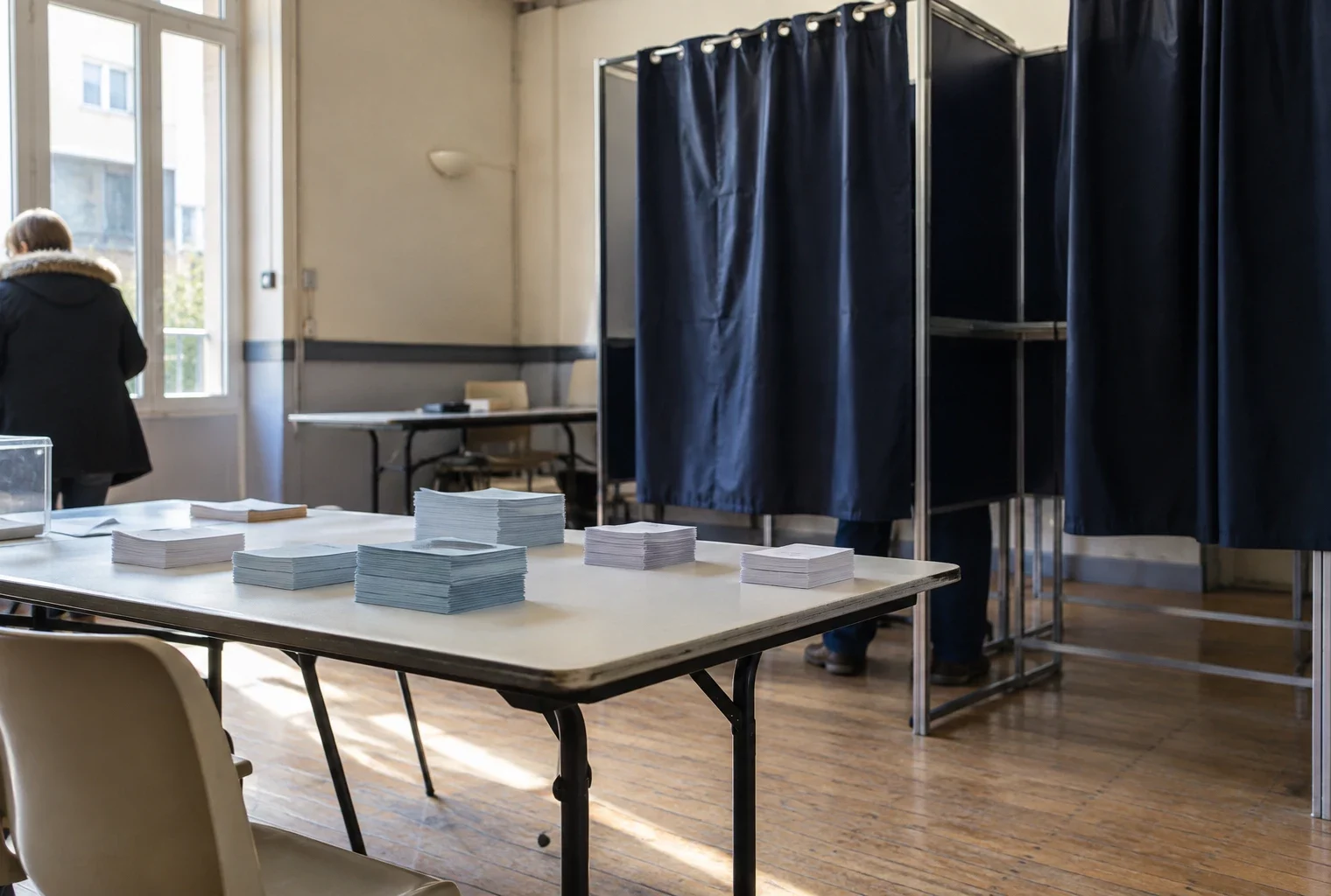 Des bulletins vierges sont posés sur une table devant les isoloirs d’une salle de vote municipale.