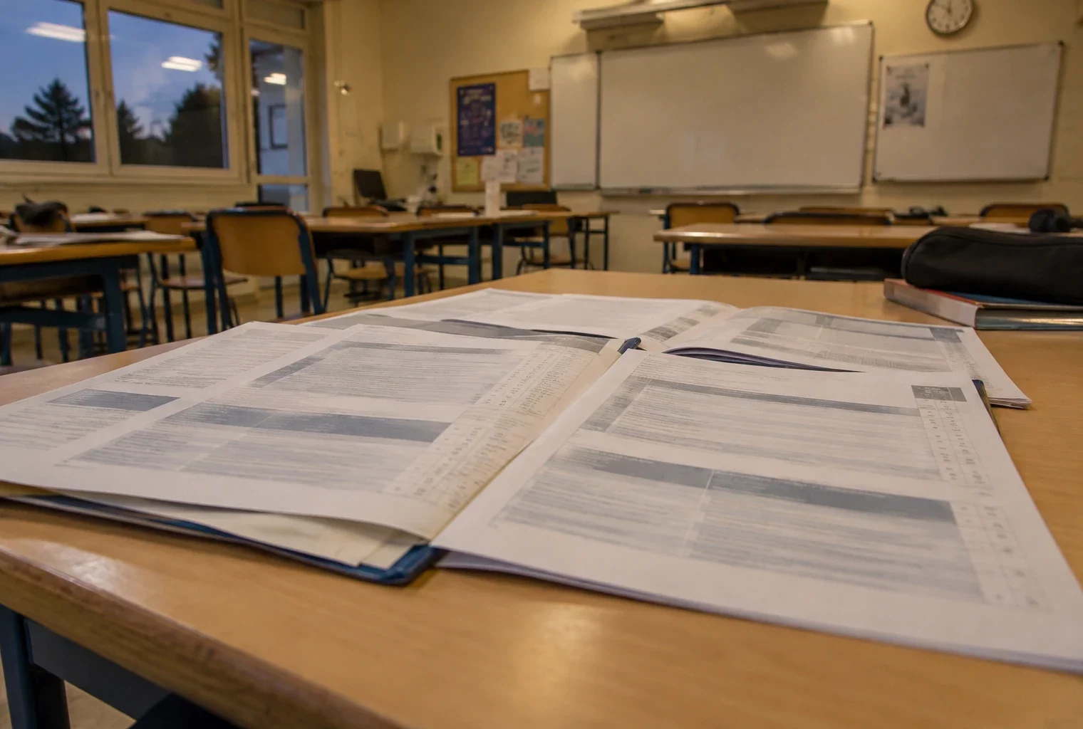 Des bulletins scolaires anonymisés sont posés sur une table, devant des rangées de tables et un tableau de classe.