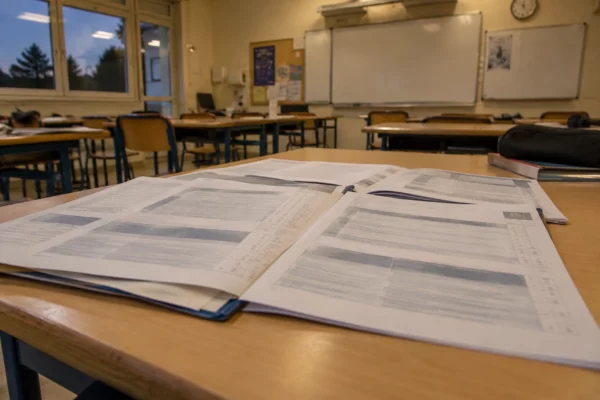 Des bulletins scolaires anonymisés sont posés sur une table, devant des rangées de tables et un tableau de classe.