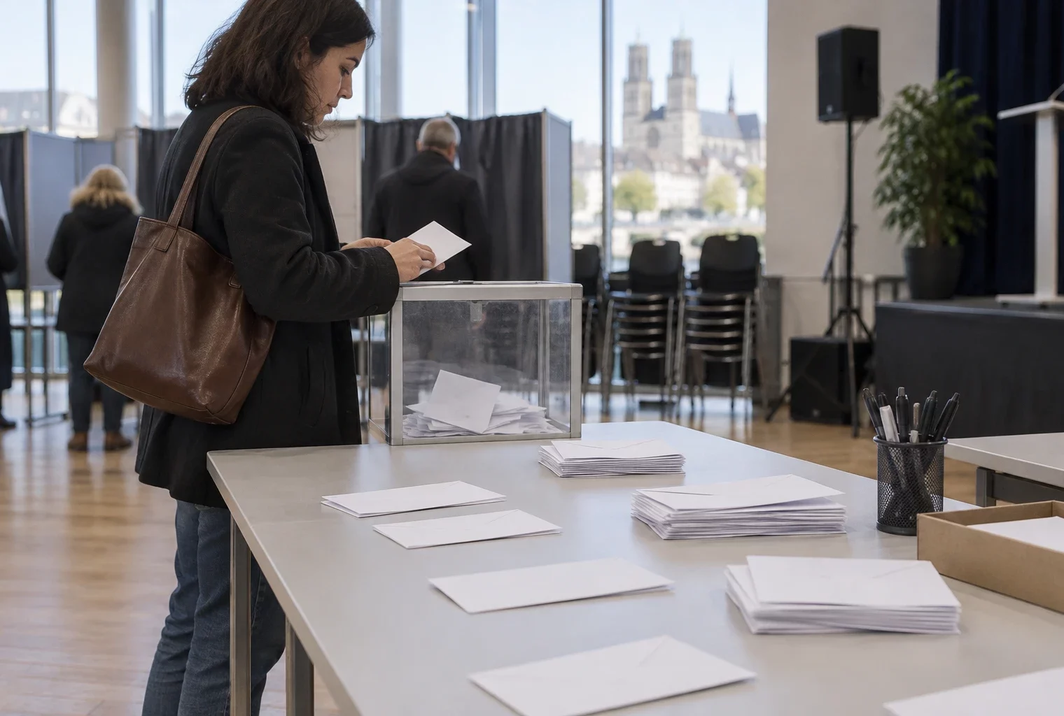 Des bulletins blancs et des enveloppes sont disposés sur une table de vote, avec une urne et du matériel de congrès en arrière-plan.