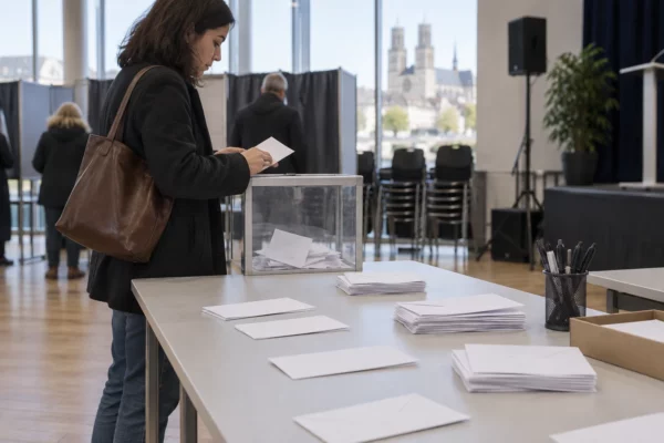 Des bulletins blancs et des enveloppes sont disposés sur une table de vote, avec une urne et du matériel de congrès en arrière-plan.