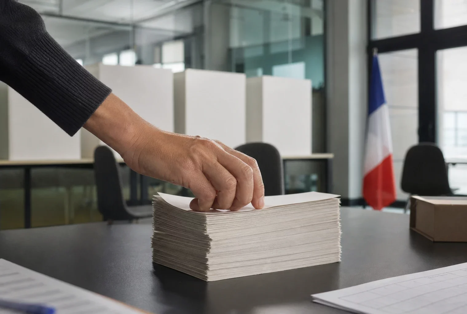 Main d’un bureau de vote alignant des bulletins sur une table, avec isoloirs en série et chaises de salle communale.