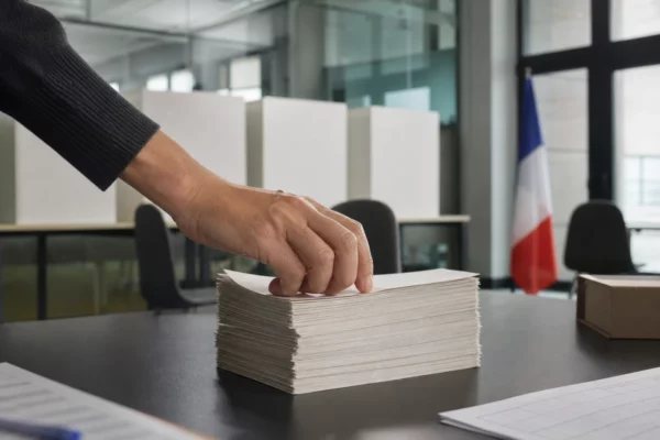 Main d’un bureau de vote alignant des bulletins sur une table, avec isoloirs en série et chaises de salle communale.