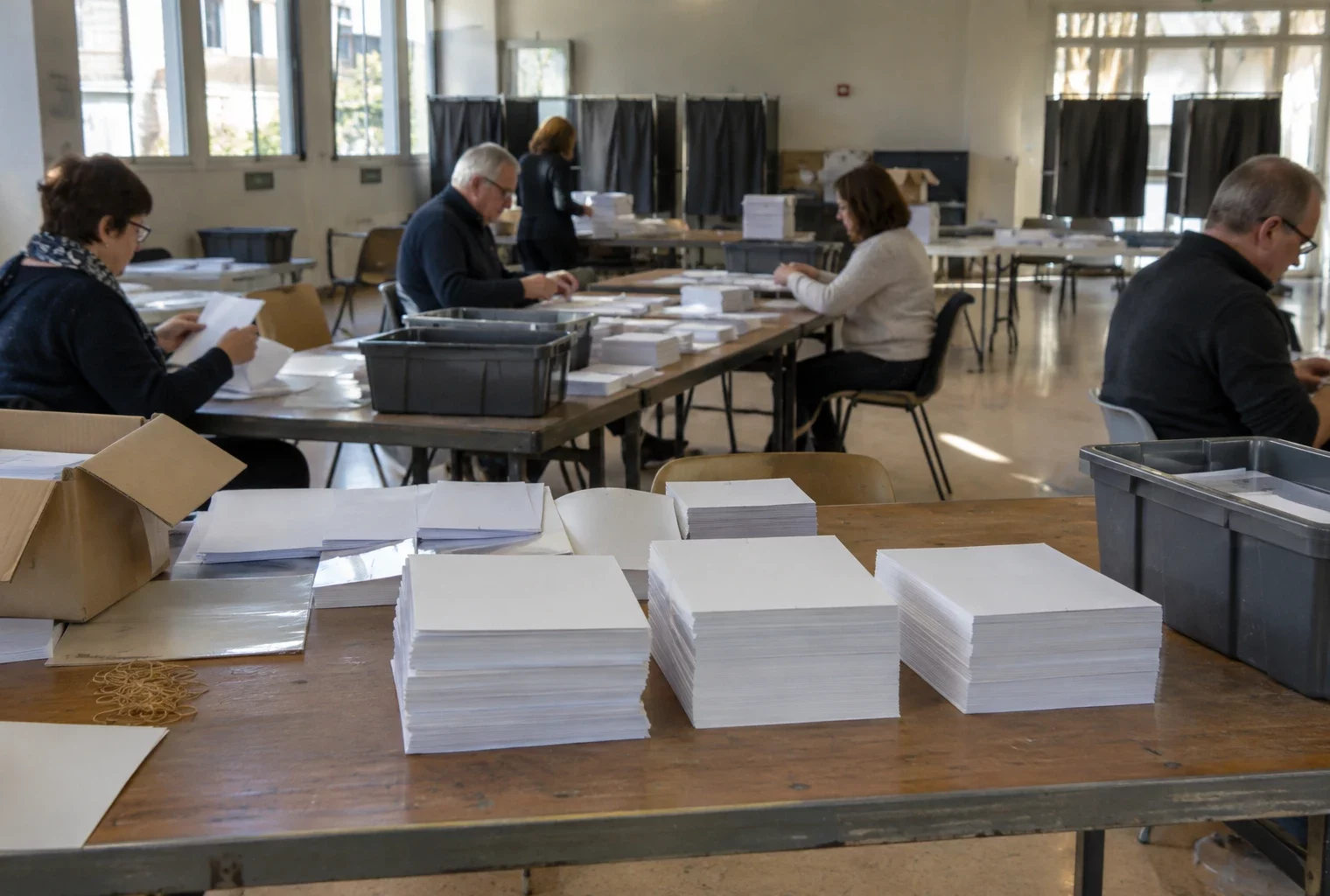Piles de bulletins vierges sur une table de préparation, près de bacs de tri et de matériel de mise sous pli.