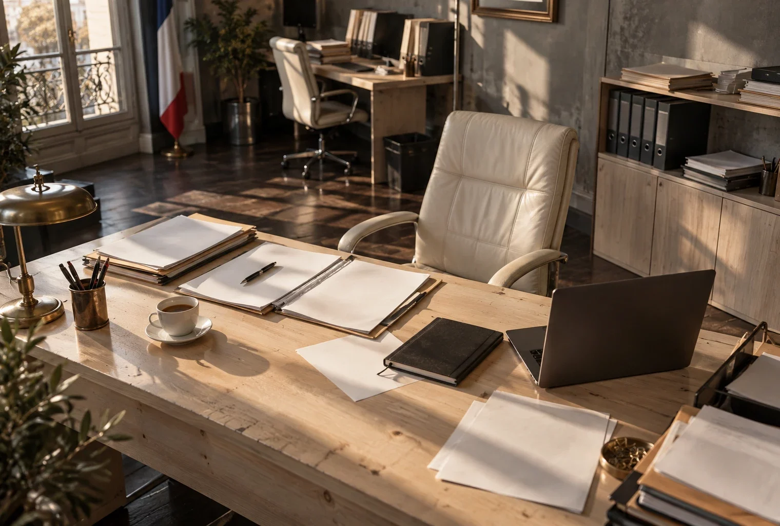 Un bureau de collaborateur parlementaire avec dossiers ouverts, ordinateur éteint et rangements de travail dans la lumière hivernale.
