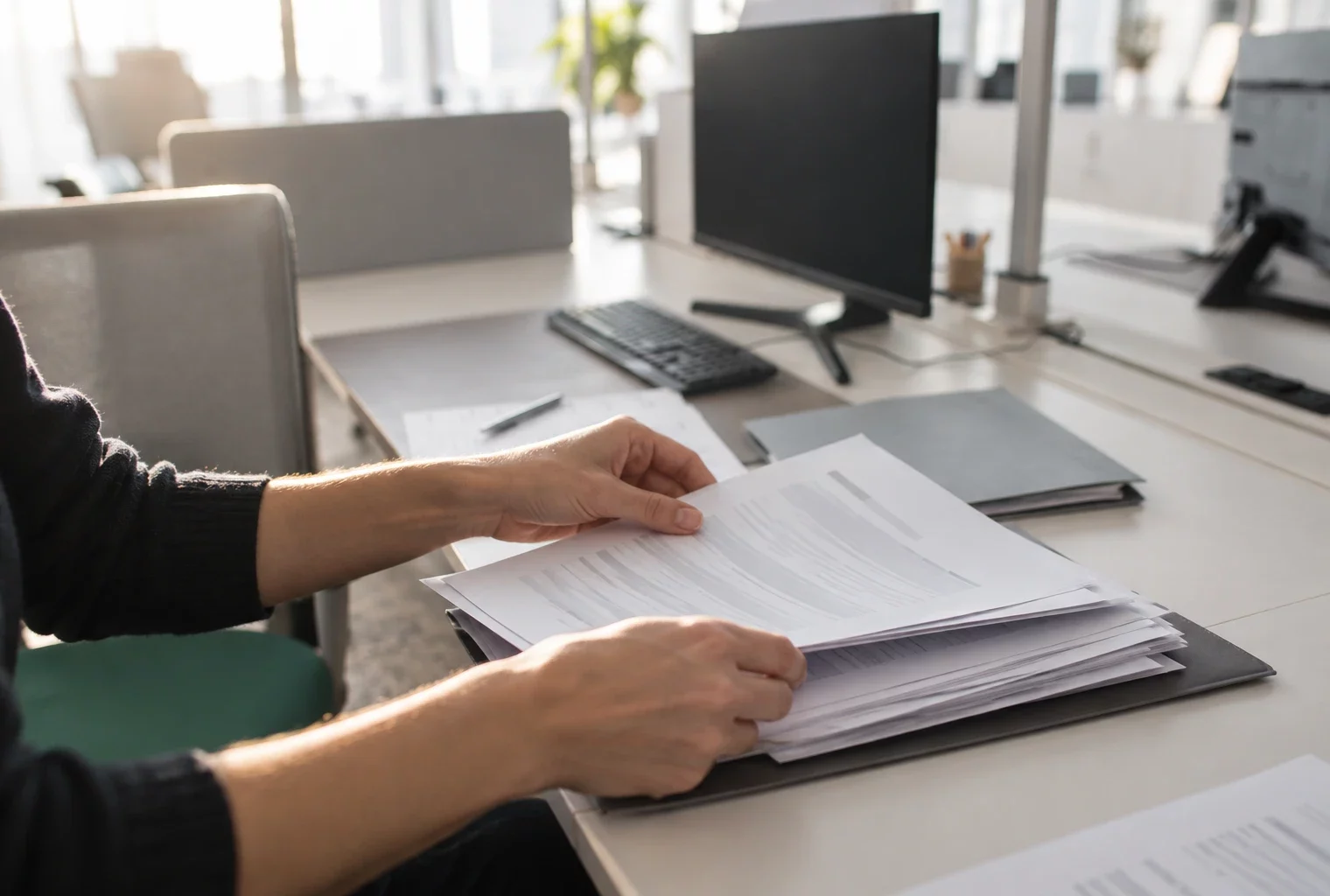 Des mains anonymes trient des dossiers administratifs sur un bureau partagé, parmi des écrans éteints et du matériel de travail.