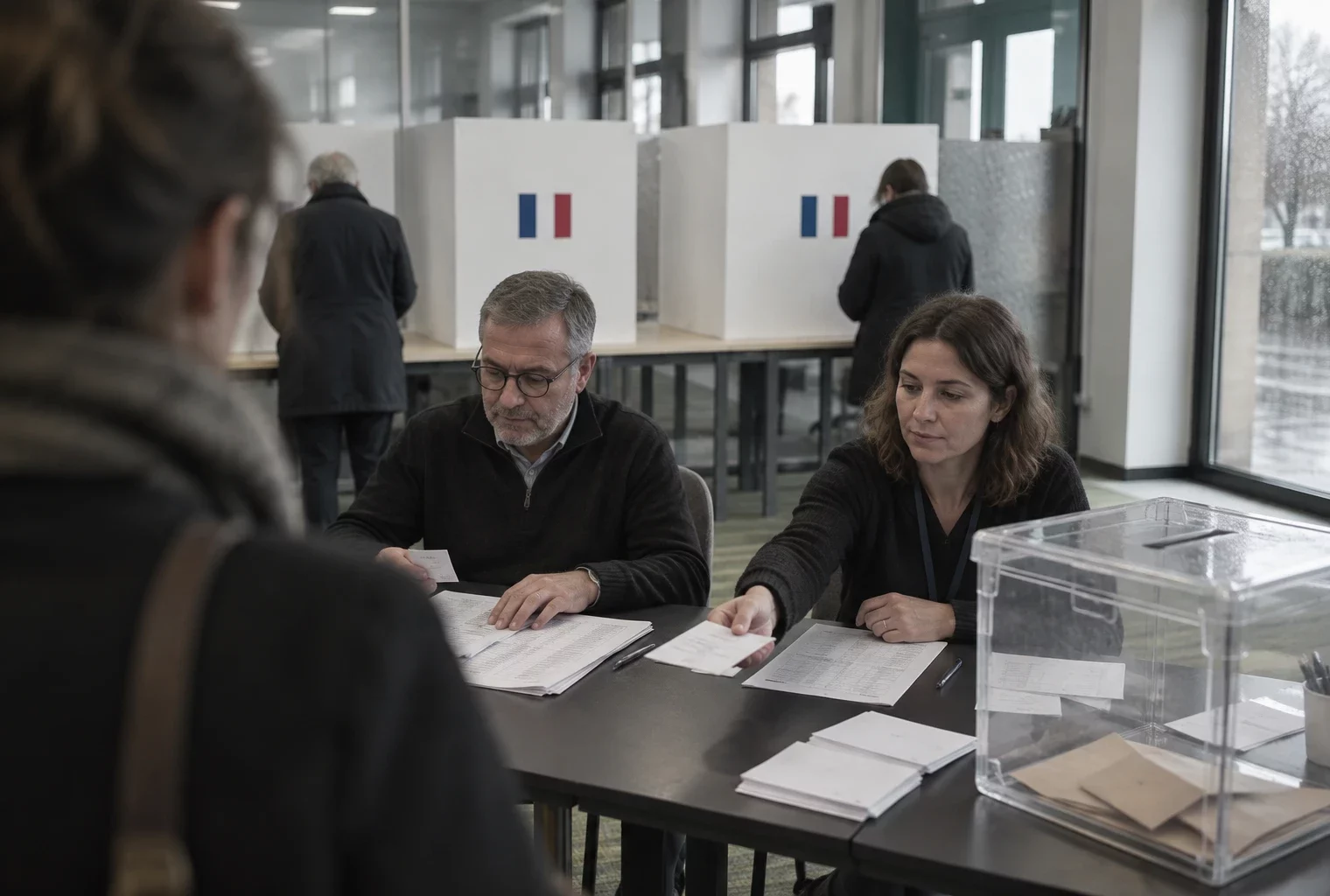 Bureau de vote en préparation, avec table d’émargement, urne transparente et isoloirs dans une salle municipale.
