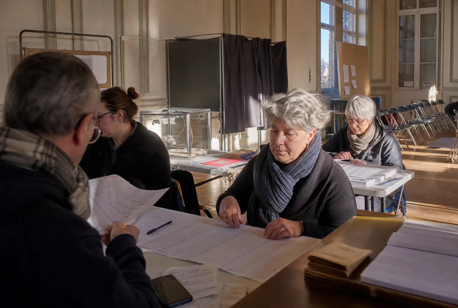 Un bureau de vote aménagé pour la primaire, avec tables d’émargement, isoloirs et bulletins sur place.