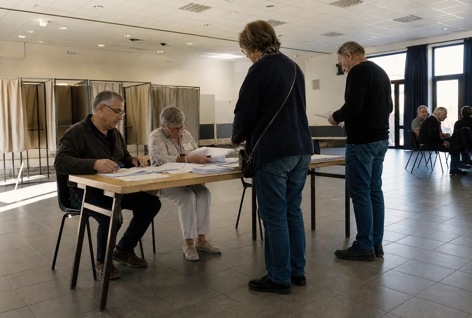 Bureau de vote installé dans une salle municipale pour une primaire, avec table d’émargement et isoloirs.